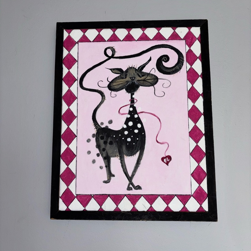 Whimsical Cat Art Pink framed canvas decor hanging picture room girly kitten fun